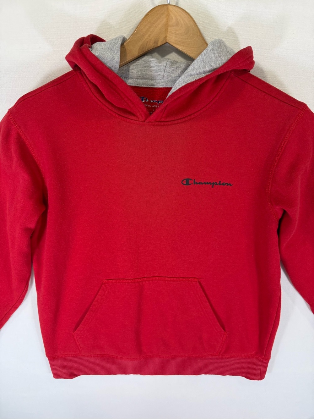 Champion Red Hoodie with Gray Hood Lining and Script Logo